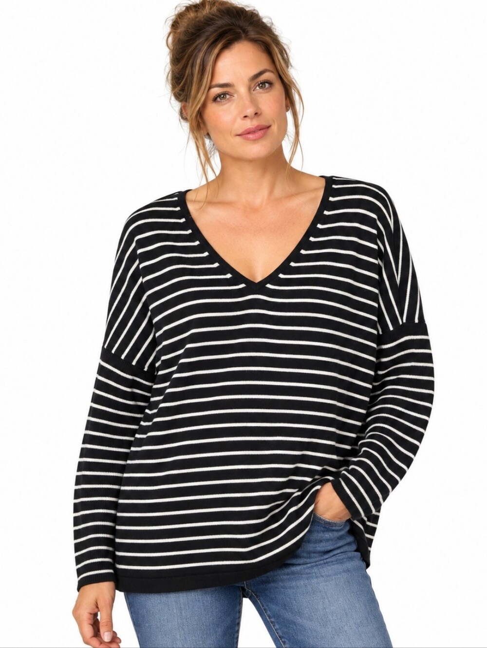J.Jill Wearever Sweater XL Black White Striped V Neck Relaxed Knit